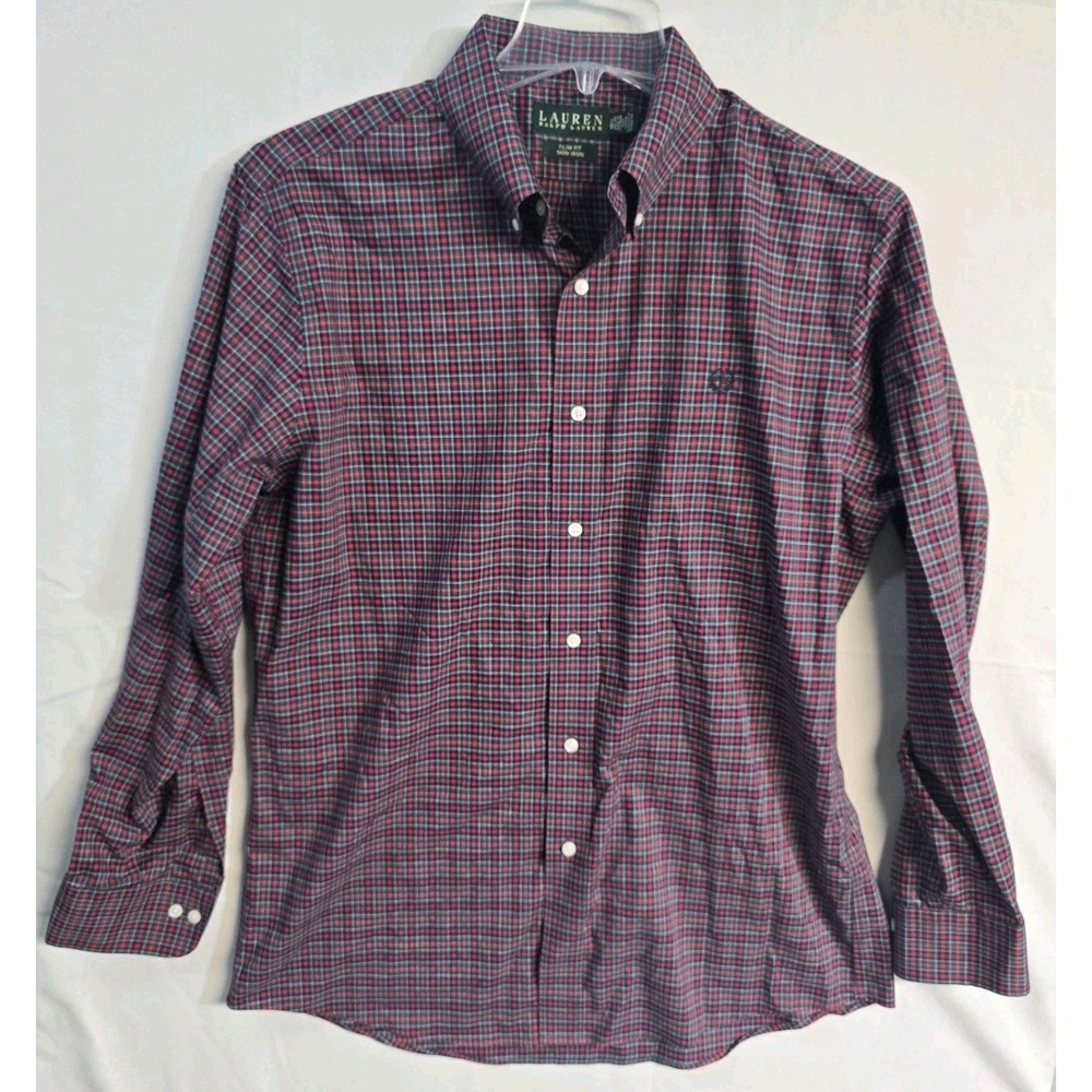 Ralph Lauren Button Down Shirt Men's 16.5 L Green Red Plaid Long Sleeve Slim Fit